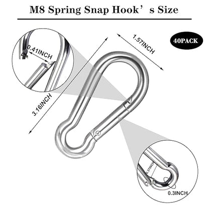 40 PCS 3'' Spring Snap Hook Carabiner, M8 5/16 Inch Galvanized Silver Steel Carabiner Clip, 500LBS Holding Capacity Quick Link Clip Keychain for Hammock Dog Leash & Camping Gym