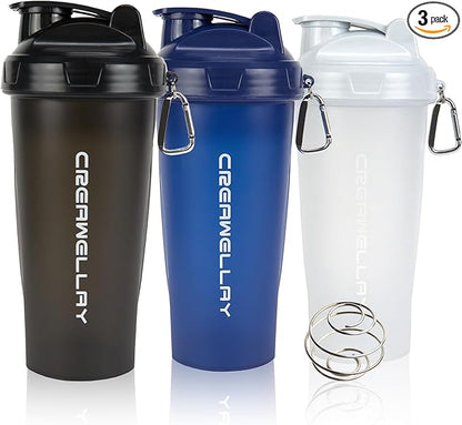 3 Pack Protein Shaker Bottle, 24 oz Protein Shaker Cup with Wire Shaker Ball for Pre Workout, Shake Bottle with Carrying Handle, BPA-Free & Dishwasher Safe (Black, White, Blue)