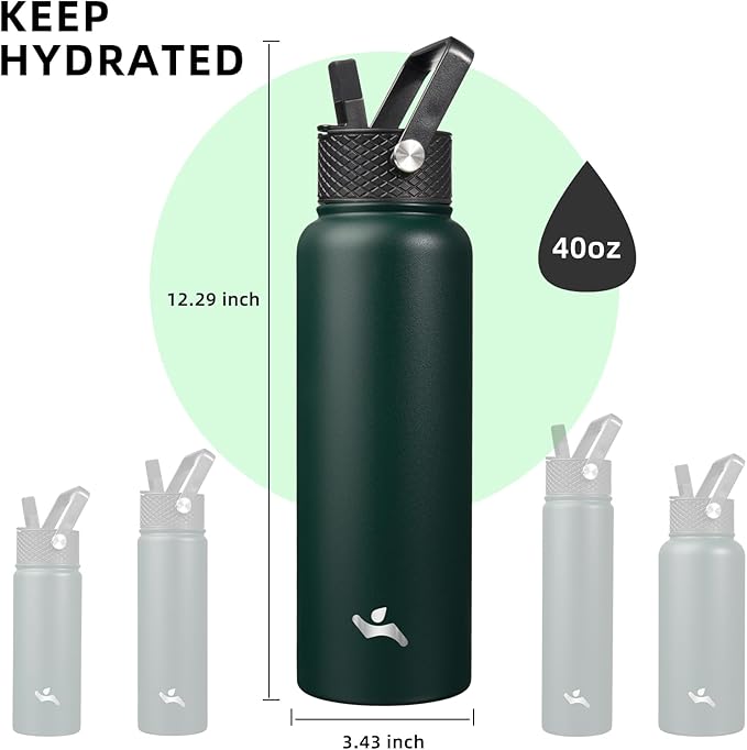 40oz Insulated Water Bottle Stainless Steel Sport Bottles with 3 Lids,Army Green