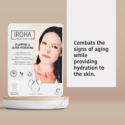 IROHA NATURE Replumping & Anti-Aging Tissue Face Mask (Pack of 15) | With Triple Hyaluronic Acid | Deep Hydration & Anti-Aging Effect | Softer, Calmer Skin | 100% Vegan