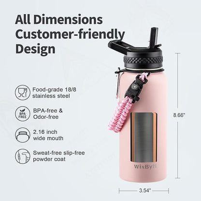 32 oz Insulated Water Bottle with Straw (Cold for 48 Hrs), Stainless Steel Triple Wall Vacuum Sports Water Jug, Leakproof Hydro Cup Flask with Paracord Handle & Straw Spout Lids & DIY Stickers