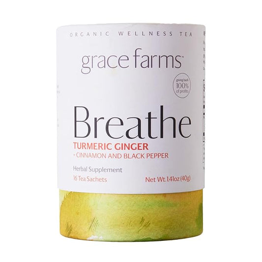 Grace Farms BREATHE Wellness Organic Tea Blend (16 Pyramid Sachets) | Turmeric and Ginger with Adaptogenic Herbs | Immunity Support | Caffeine Free | Gives Back 100% of Profits