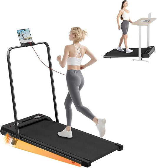 Incline Walking Pad with Handle Bar, Folding Treadmill Foldable Portable Under Desk for Home Office, Ultra Quiet <45dB, Safety Lock, 300+ LB Capacity