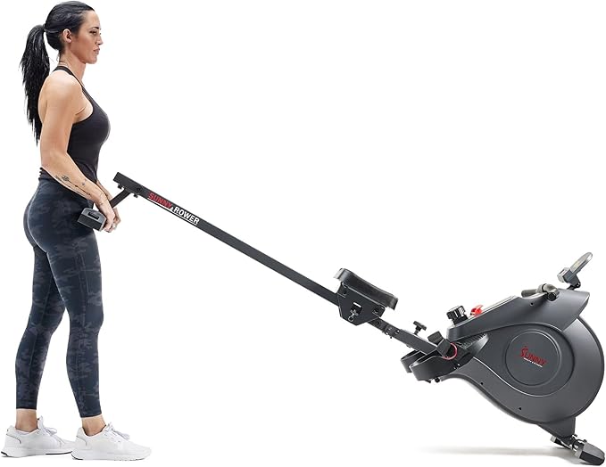 Sunny Health & Fitness Flip & Foldable Rowing Machine for Home w/Extended Slide Rail, Full-Body Workout, Low-Impact, Optional Extra Long Rail, Quiet Rail Cover, Water Motion and Free SunnyFit App