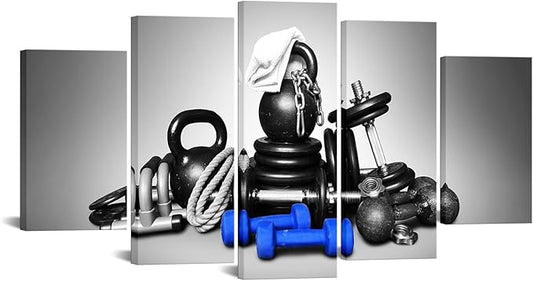 KREATIVE ARTS Large 5 Panel Wall Art Fitness Equipment Canvas Prints Black and Blue Gym Pictures for Boys Men Bedroom Artwork Painting Home Decor Sportsman Gifts Decoration