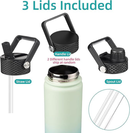 18 oz Insulated Water Bottle Stainless Steel Sport Bottles with 3 Lids,Mint