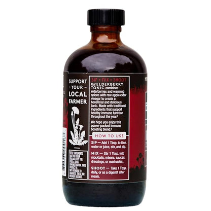 Herbal Revolution Elderberry Tonic - Certified Organic Non-GMO Apple Cider Vinegar Infused with Cinnamon Bark, Raw Honey, Ginger & More - Made Using Regenerative Farming Practices - 8 Oz