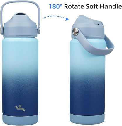 Insulated Water Bottle with Straw Lid,18 oz Stainless Steel Vacuum Metal Bottle with Silicone Handle,Sky