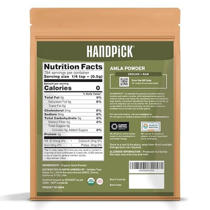 HANDPICK Organic Amla Powder (14oz) Amalaki, USDA Organic, Non-GMO | 100% Raw and Natural - Lab Tested for Purity | Indian Gooseberry Powder | Resealable Zip Lock Pouch