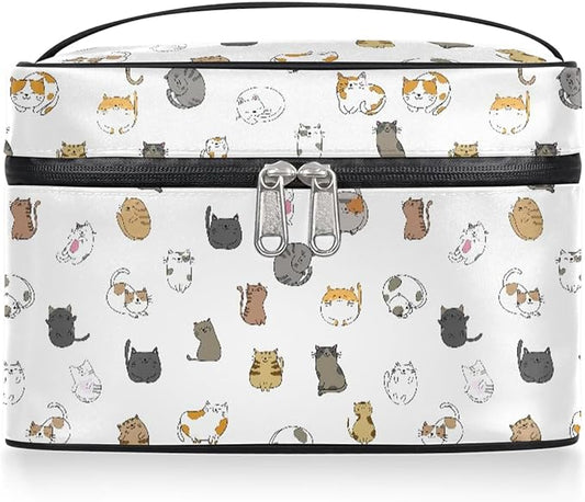 Large Makeup Bag Travel Cosmetic Bags for Women White Cute Colorful Animal Cat Makeup Organizer Case Toiletry Bag for Girls Traveling Wide Open Portable Pouch with Handle