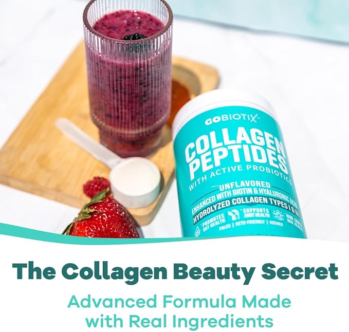 GOBIOTIX Collagen Powder Supplement with Probiotics - Hydrolyzed Protein Collagen Powder for Women - Hair Skin and Nails, Joint and Digestive Health - Collagen Peptides Type I and III - 30 Servings