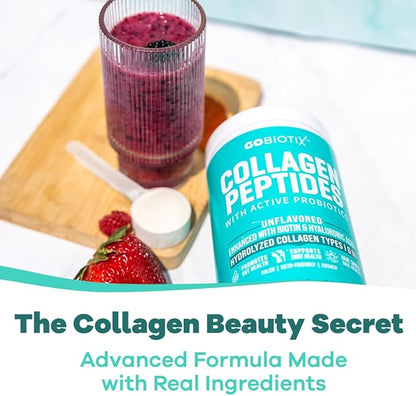 GOBIOTIX Collagen Powder Supplement with Probiotics - Hydrolyzed Protein Collagen Powder for Women - Hair Skin and Nails, Joint and Digestive Health - Collagen Peptides Type I and III - 30 Servings
