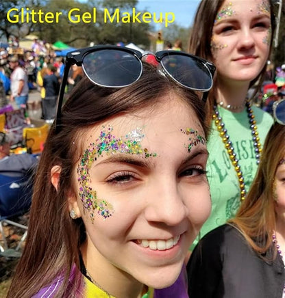 Go Ho Face Body Glitter Gel,Mardi Gras Outfit for Women and Kids,Sparkly Holographic Party Festival Rave Mardi Gras Accessories for Carnival,Gold Green Purple Chunky Glitter Makeup,52g