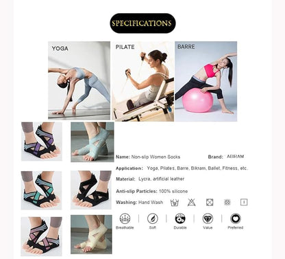 ABIRAM Yoga Socks Toeless Non-Slip Grips & Straps, for Pilates, Barre, Ballet, Bikram, Workout for Women