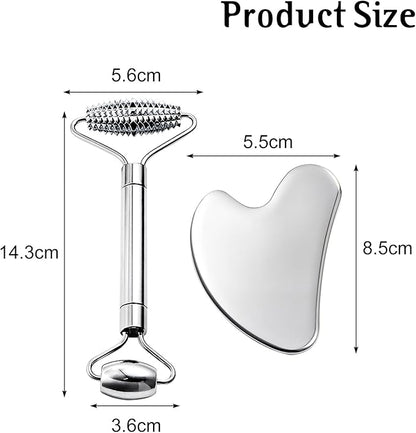 Gua Sha Facial Tools and Face Roller Set, Lymphatic Drainage Massager，Stainless Steel Facial Sculpting Eyes Roller Guasha for Face, Chin & Jawline Sculpting,Skin Care
