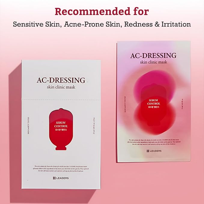 LEADERS AC-Dressing Skin Clinic Mask – Soothing and Calming Sheet Mask for Sensitive, Acne-Prone Skin – Helps Reduce Redness & Irritation, Hydrates, and Balances Skin, Sebum Care Mask – 10 Sheets