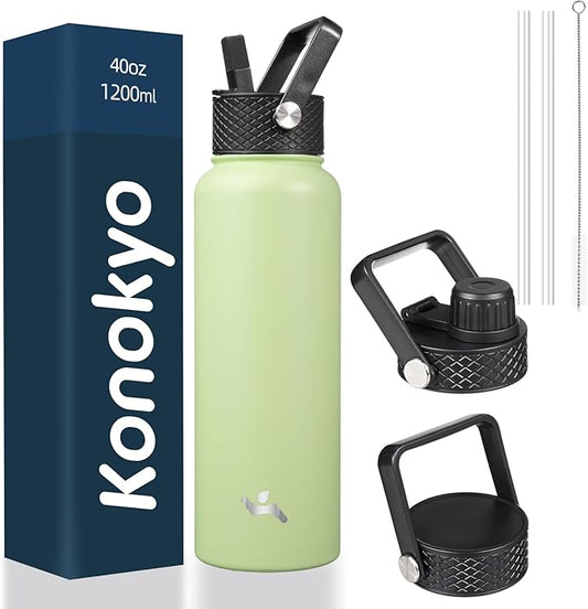 40oz Insulated Water Bottle Stainless Steel Sport Bottles with 3 Lids,Macaron Green