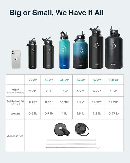 BUZIO 1 Gallon Water Bottle Insulated with Straw Lid, 128oz Large Water Jug Stainless Steel Metal Vacuum Water Flask Leak Proof 18/8 Food Grade Thermo Mug Keep Cold 48H & Hot 24H, Indigo Crush