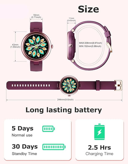 Fitness Tracker, Round Fitness Watches for Women with Bluetooth Call Heart Rate Monitor Sleep Tracker Calorie/Step Counter, Birthday Gift for Women Lady Mom Waterproof (Purple)