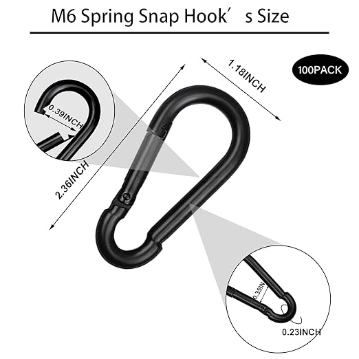 100 PCS 2.36'' Spring Snap Hook Carabiner, M6 1/4 Inch Galvanized Black Steel Carabiner Clip, 260LBS Holding Capacity Quick Link Clip Keychain for Hammock Dog Leash & Camping Gym