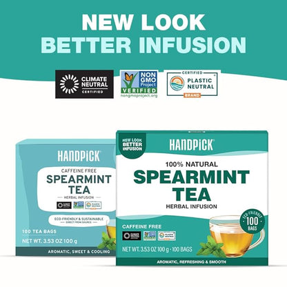 HANDPICK, Spearmint Tea Bags (100 Herbal Tea Bags) |Refreshing Mint Tea | Non-GMO | Round Eco-Conscious Teabags