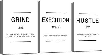 Framed Canvas Wall Art Success Quote, Office Wall Art, Black Large Poster, Positive Motivational Set of 3 Prints, Grind Execution Hustle Poster, Inspirational Print (C-3pcs,24x36inchx3pcs)