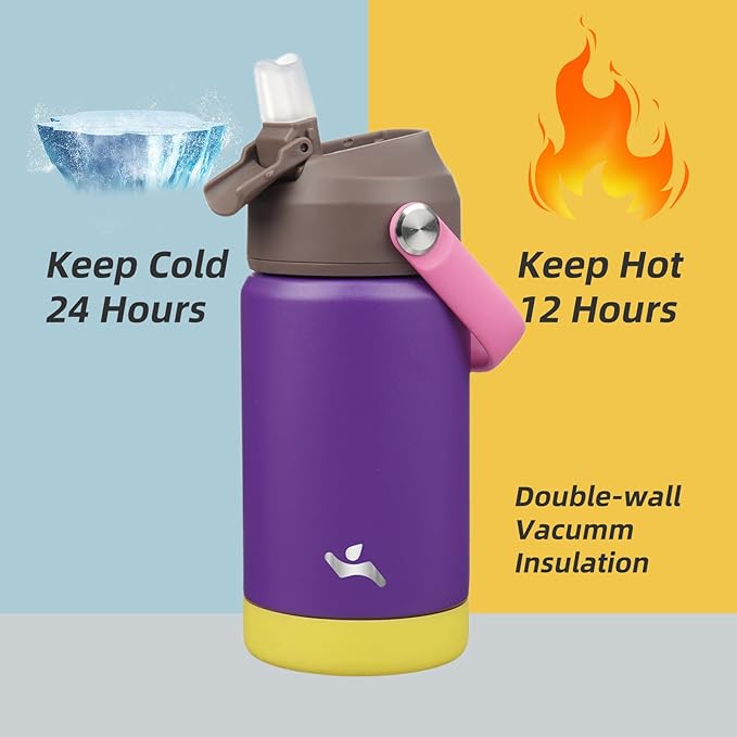 Insulated Water Bottle with Straw Lid,12 oz Stainless Steel Vacuum Metal Bottle with Silicone Handle,Violets