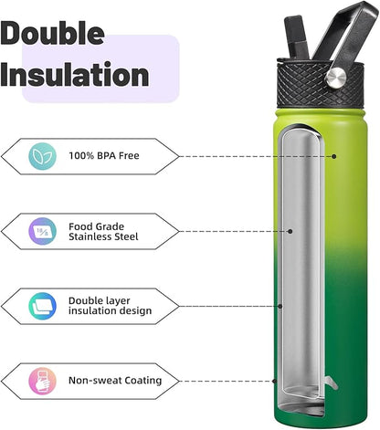 Insulated Water Bottle 24oz Stainless Steel Sport Bottles with 3 Lids,Bamboo Grove