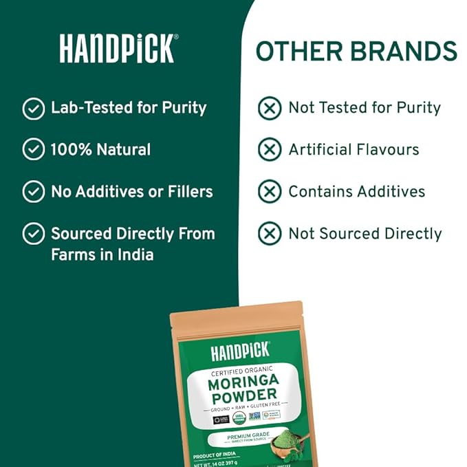 HANDPICK USDA Organic Moringa Powder (397g/14oz) Pure Moringa Oleifera Leaf Powder | Authentic Indian Origin | Gluten Free, Non-GMO | Perfect for Smoothies, Drinks, Tea & Recipes