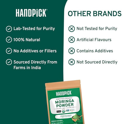HANDPICK USDA Organic Moringa Powder (397g/14oz) Pure Moringa Oleifera Leaf Powder | Authentic Indian Origin | Gluten Free, Non-GMO | Perfect for Smoothies, Drinks, Tea & Recipes