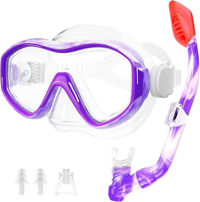 GoseWave Snorkeling Gear for Kids, Kids Snorkel Set for Ages 5-15, Anti-Fog Diving Mask and Dry Top Snorkel Set, Unisex Swimming Goggles with Nose Cover