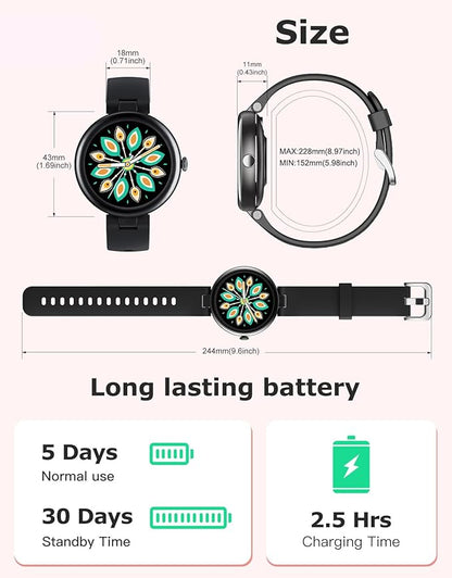 Fitness Tracker, Round Fitness Watches for Women with Bluetooth Call Heart Rate Monitor Sleep Tracker Calorie/Step Counter, Birthday Gift for Women Lady Mom Waterproof (Black)