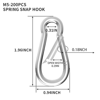 200PCS M5 Spring Snap Hook Carabiner, 2IN Heavy Duty Galvanized Steel Carabiner Clip, 220LBS Holding Capacity Spring Clips for Hammock Swing Outdoor Travel