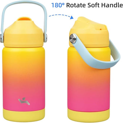 Insulated Water Bottle with Straw Lid,12 oz Stainless Steel Vacuum Metal Bottle with Silicone Handle,Rainbow