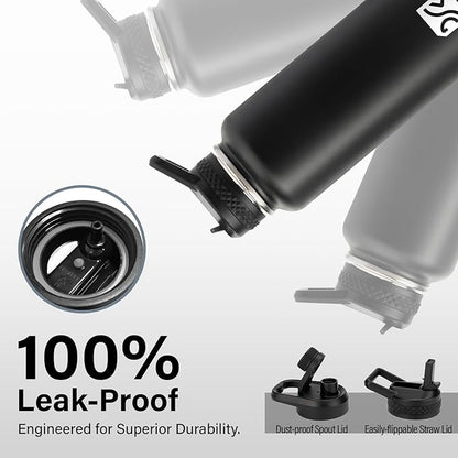 40 oz Insulated Water Bottle | Thickened Stainless Steel Vacuum Metal | Portable Sports Water Jug for Gym and Hiking with Straw, Carrier Bag, Handle Strap | BPA-Free 40 oz, Black