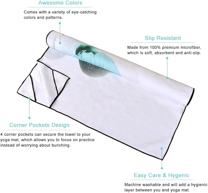 QiyI Yoga Towel with Travel Bag, Microfiber Mat-Sized Hot Yoga Towels, Non Slip Blanket with Corner Pockets, Quick Dry Mat Towel for Bikram, Pilates, Fitness - 70"x26", Pebbles & Blue White Flowers