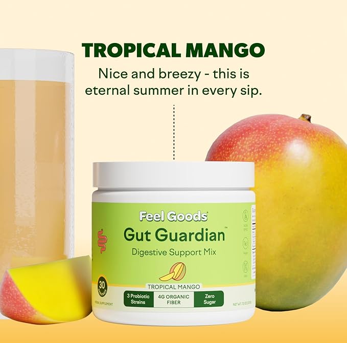 Feel Goods Gut Guardian, Organic Fiber, Probiotic & Prebiotic Powder, Sugar Free, Herbs for Bloat, Gut Health Support, Digestive Health for Men & Women, Non GMO, Vegan, Tropical Mango, 30CT