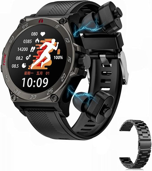 LC18 Smart Watch with Earbuds 1.53 Inch Round Smartwatch Built-in Wireless Bluetooth Headphones Health Monitor Speaker Fitness Tracker 128M Local Music Player (Black Silicone+Steel)