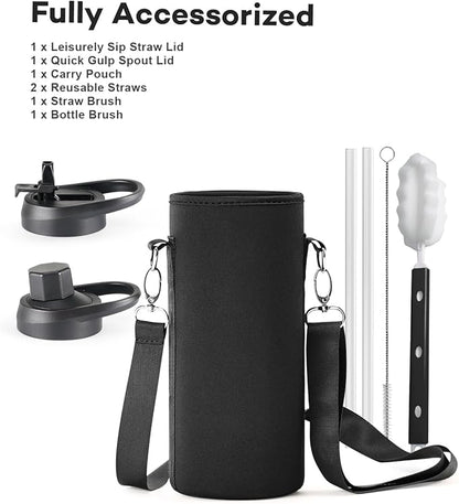 40 oz Insulated Water Bottle with Straw and Lid, Food-grade Double Wall Vacuum Stainless Steel Flask with Handle,Leakproof Metal Travel Jug With Pouch and Brush,Keep Cold & Hot,Indigo Black