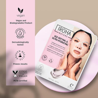 IROHA NATURE Anti-Aging Face & Neck Tissue Mask with Collagen (Pack of 15) | Firms and Prevents Wrinkles and Fine Lines | Visible Results in 15 Minutes | 96% Natural Ingredients | Mature Skin