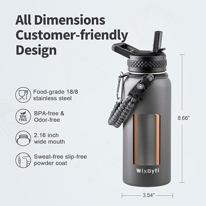 32 oz Insulated Water Bottle with Straw (Cold for 48 Hrs), Stainless Steel Triple Wall Vacuum Sports Water Jug, Leakproof Hydro Cup Flask with Paracord Handle & Straw Spout Lids & DIY Stickers
