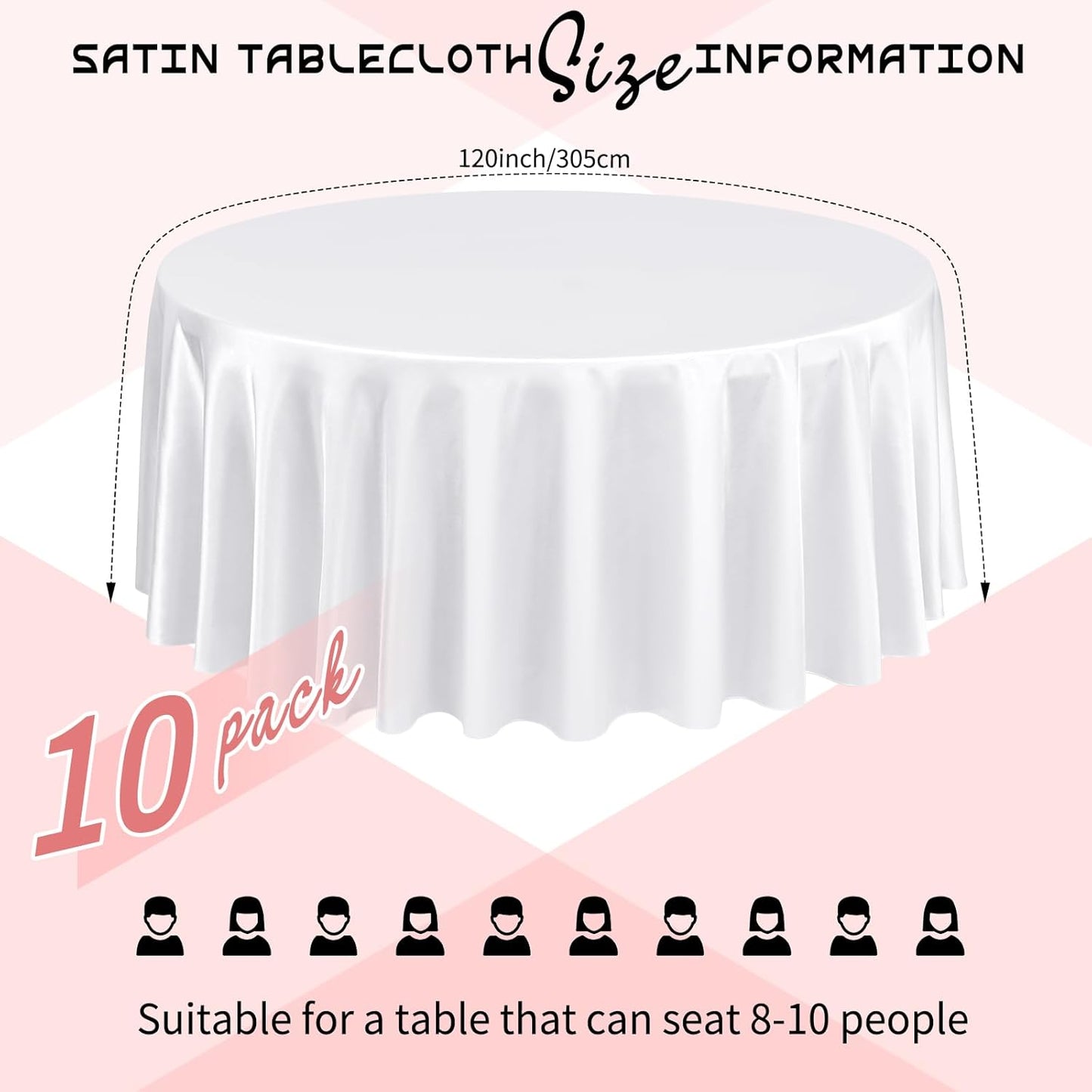 10 Packs Satin Tablecloth 120 Inch White Round Table Cloth Silk Tablecloth Smooth Fabric Overlay Satin Table Cover Decoration for Wedding Party Banquet Events