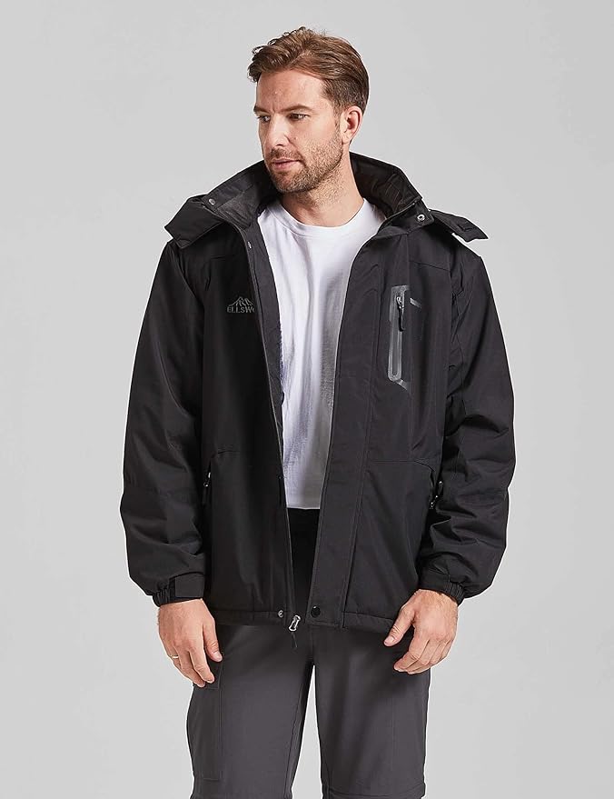 ELLSWOS Men's Waterproof Ski Jacket Winter Snow Coat Warm Hooded Raincoat Windproof Windbreakers