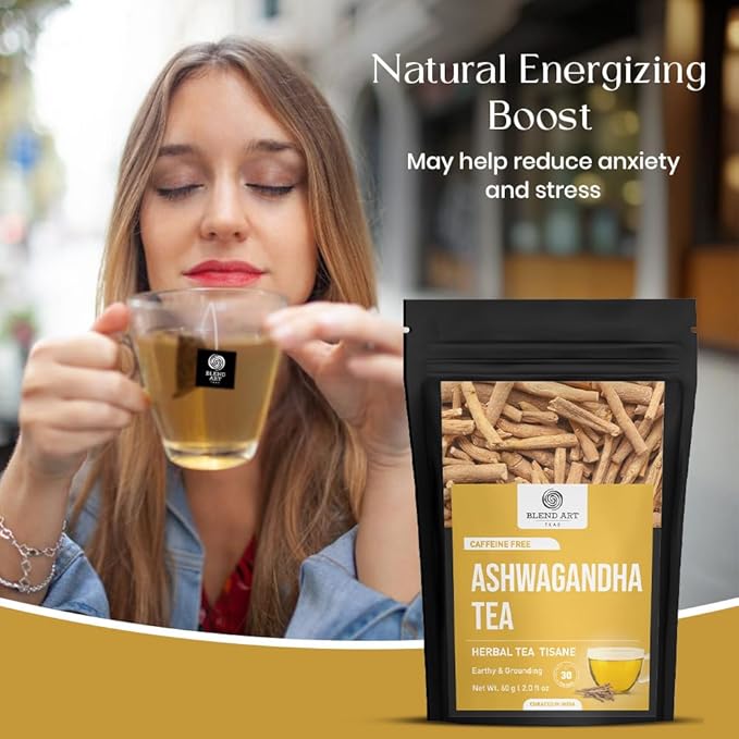 BlendArt Teas - Ashwagandha Root TeaBags - 30 Count - Pyramid Tea Bag |Ancient Adaptogen Superfood for Men and Women | Helps in Relive Stress | Promote Cleansing & Wellness | Caffeine Free | Ziplock Pouch