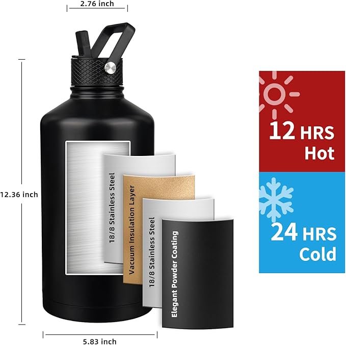 Insulated Water Bottle 64oz,Triple Wall Vacuum Stainless Steel(Dishwasher Safe),Leak Proof & Non-BPA,Flask Jug with Paracord Handle & Straw Spout Lids Sports