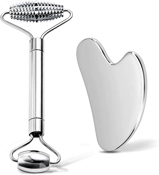 Gua Sha Facial Tools and Face Roller Set, Lymphatic Drainage Massager，Stainless Steel Facial Sculpting Eyes Roller Guasha for Face, Chin & Jawline Sculpting,Skin Care