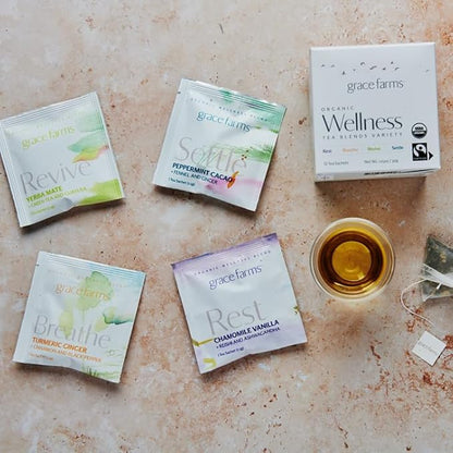 Grace Farms Wellness Organic Tea Blend Variety Box (12 Enveloped Sachets) | BREATHE, REST, REVIVE, and SETTLE | 3 Sachets of Each Tea With Adaptogens | Fairtrade & Kosher | Gives Back 100% of Profits
