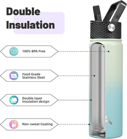 22oz Stainless Steel Bottles with 3 Lids Sport Insulated Water Bottle,Mint