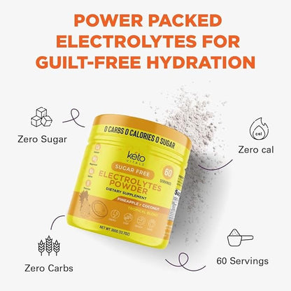 Keto Vitals Electrolytes Powder - Sugar Free Keto Electrolytes Powder with Potassium, Magnesium, Sodium, & Calcium - No Sugar Electrolyte Drink Mix & Hydration Powder, 60 Servings, Pineapple Coconut