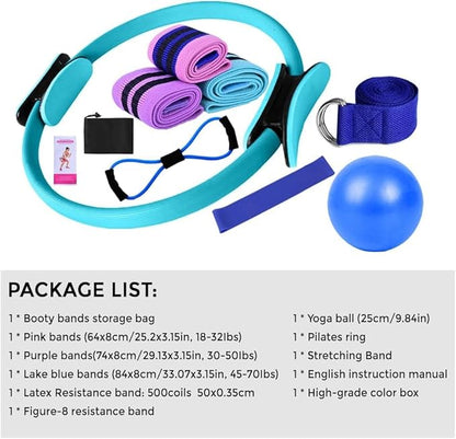Pilates Set – Home Pilates Equipment for Women Kit with Magic Circle Pilates Ring and Ball Set, Resistance Bands & Massage Balls & Exercise Bands for Toning，Flexibility & Core Strength